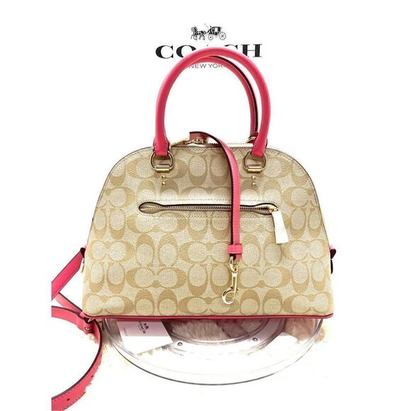 🔥🌺NEW! Coach Katy Satchel Handbag Sig Canvas Khaki/Electric Pink Msrp:$350.00 - Picture 3 of 9
